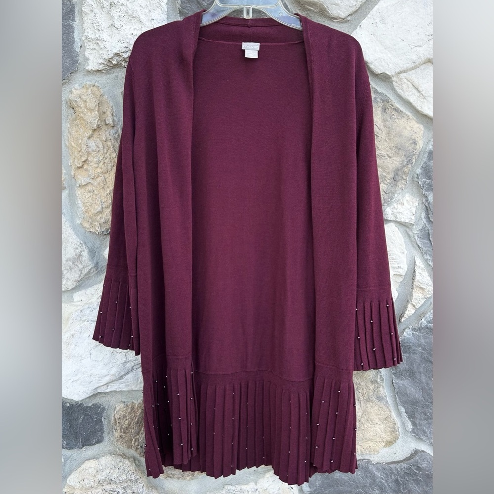 Chicos Longline Cardigan Sweater Sz 1 (Medium) Purple Beaded Cozy Classy Fall